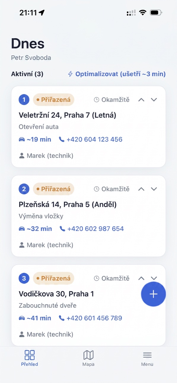 Dnešní fronta zakázek v Keyup s návrhem optimalizace trasy