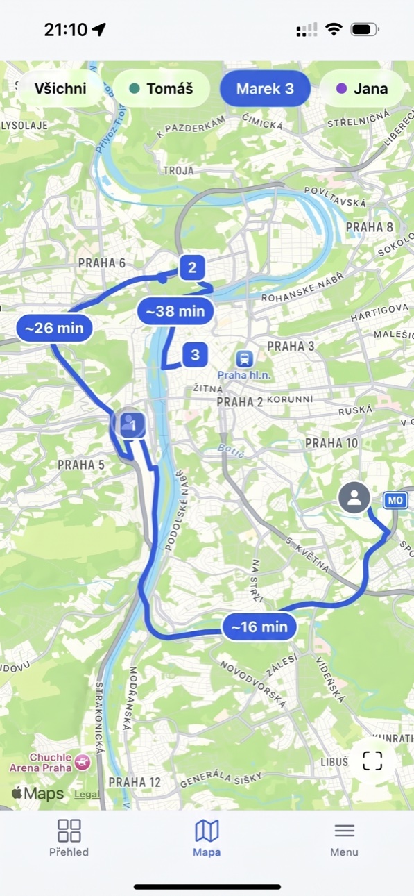 Živá mapa techniků s trasami po ulicích a ETA