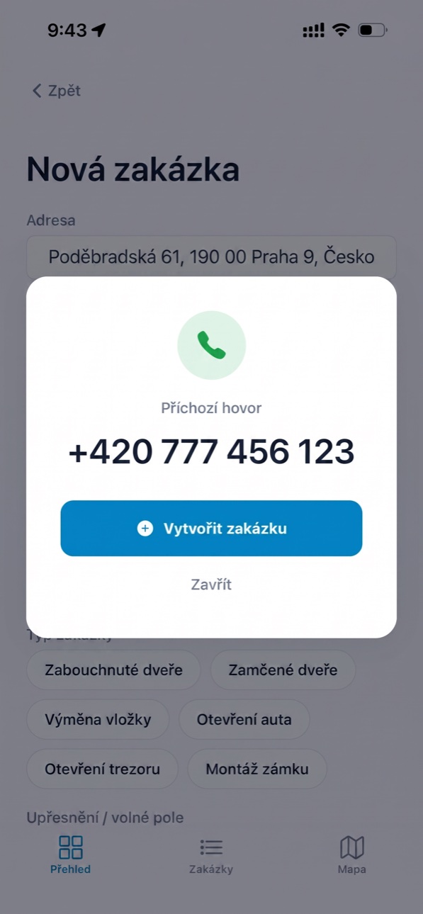 Příchozí hovor v Keyup — jedním ťuknutím vytvoříte zakázku s předvyplněným číslem
